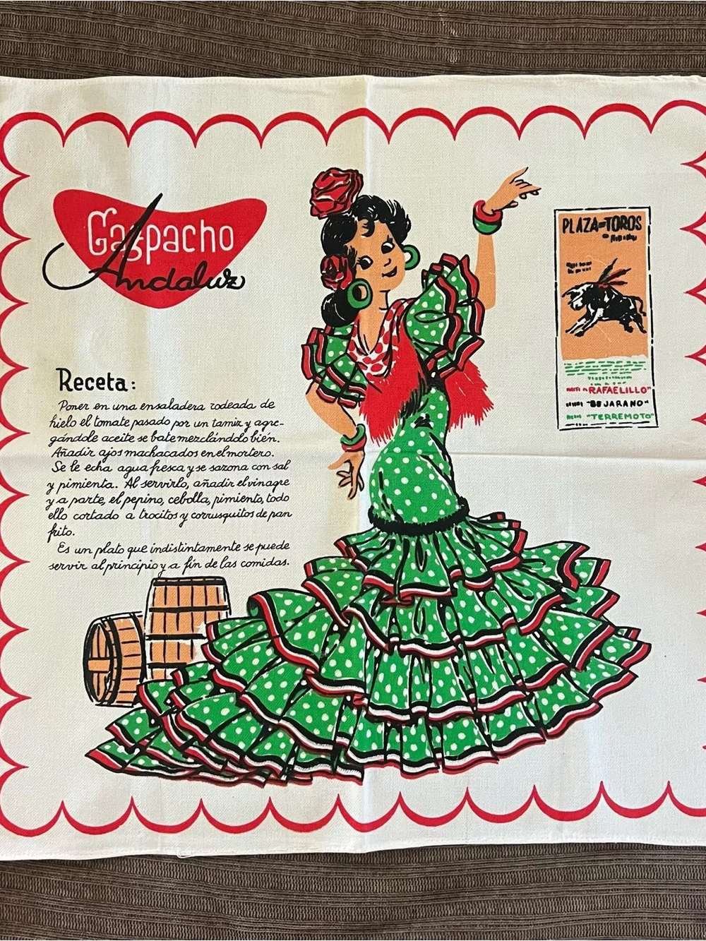 VTG  Gazpacho Andaluz Tea Towel Souvenir Spain Flamenco Dancer Recipe Wall Art